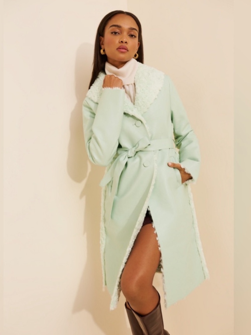 Nuuly x Unreal Fur Belle Mint Faux Fur-Trim Coat, size petite small